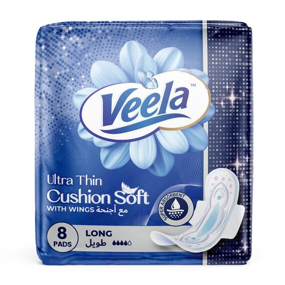 Veela Cushion Soft Ultra Thin Pads for Women Heavy Flow Feminine Hygiene Pads Long 8 Count