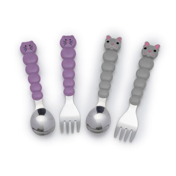 Melii Spoons & Forks Set Cat & Bulldog 4 Pcs, Color: Purple & Grey