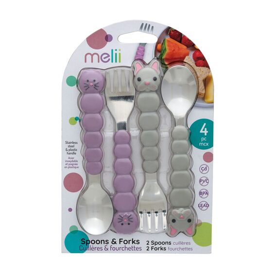 Melii Spoons & Forks Set Cat & Bulldog 4 Pcs, Color: Purple & Grey, 4 image