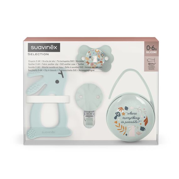 Suavinex Welcome Baby Feeding Gift Set of 5 for New Born Baby, Feeding Bottles, Pacifier, Pacifier Holder & Powdered Milk Dispenser, Color: Green, 2 image