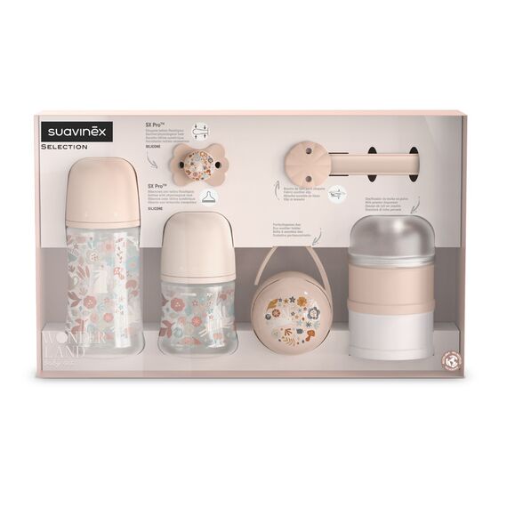 Suavinex Welcome Baby Feeding Gift Set of 5 for New Born Baby, Feeding Bottles, Pacifier, Pacifier Holder & Powdered Milk Dispenser, Color: pink, 2 image