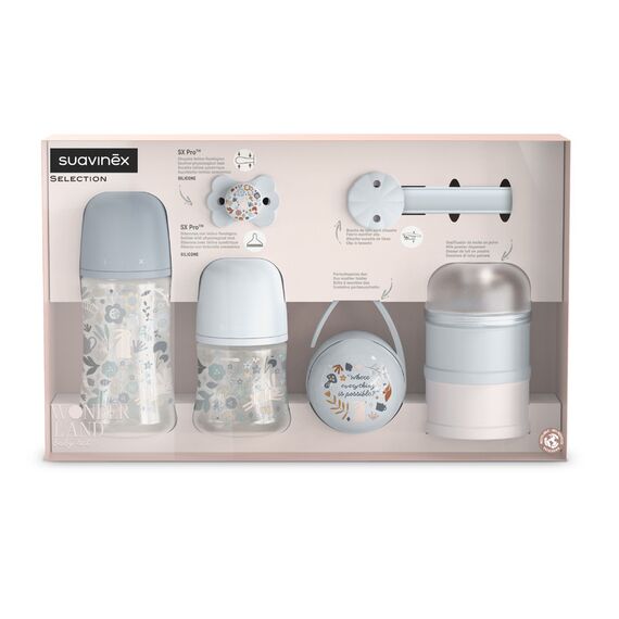 Suavinex Welcome Baby Feeding Gift Set of 5 for New Born Baby, Feeding Bottles, Pacifier, Pacifier Holder & Powdered Milk Dispenser, Color: Blue, 2 image