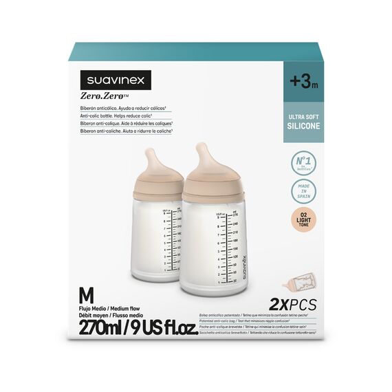 Suavinex Zero Zero Anti-Colic Baby Bottle Medium Flow 270 ml 2 Pcs, Color: Light, 2 image