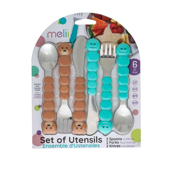 Melii Utensil Set Cat & Bulldog 6 Pcs, Color: Brown & Blue, 4 image