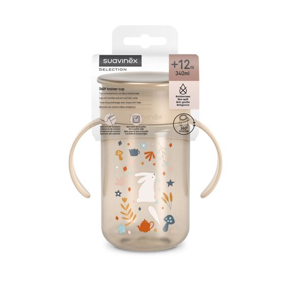 Suavinex Baby Training Cup for Babies 12M+ Leak Proof 360° Perfect Spill-proof for Drinking from Any Side of the Rim without Getting Wet 340ml, Color: Beige, 3 image