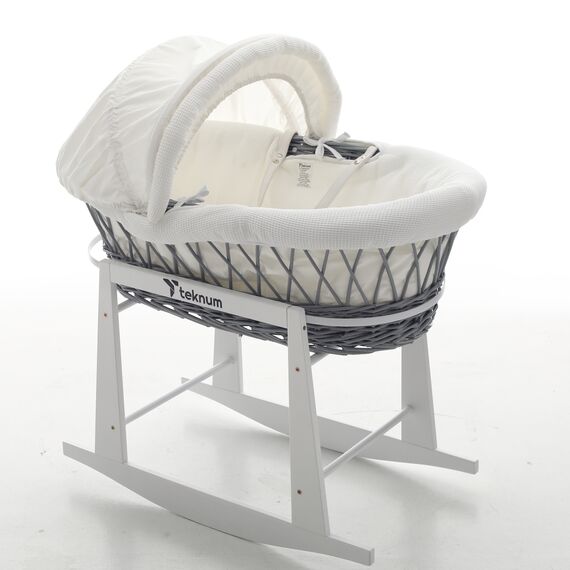 Teknum Infant Wicker Moses Basket With White Waffle Beddings & Rocker Stand 0–6 Months Up To 18Kg, 3 image
