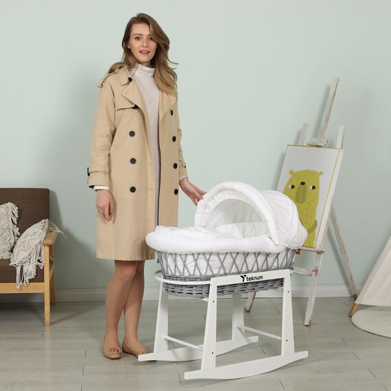 Teknum Infant Wicker Moses Basket With White Waffle Beddings & Rocker Stand 0–6 Months Up To 18Kg, 5 image