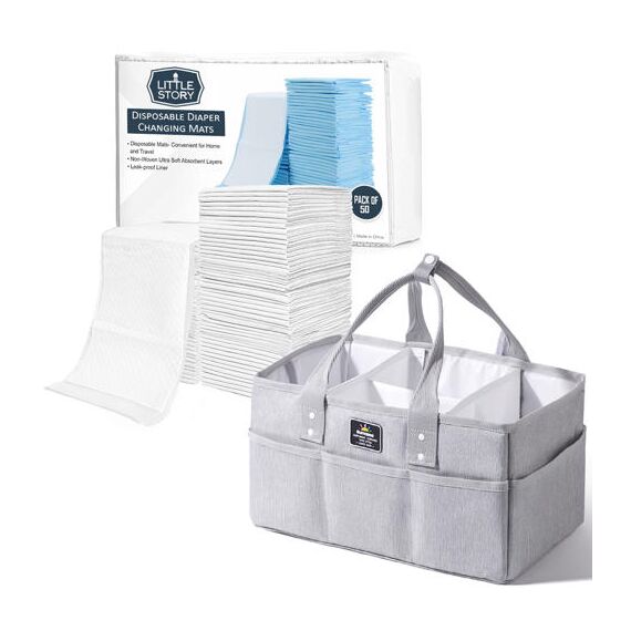 Sunveno Diaper Caddy Organizer With 50 Pcs Disposable Changing Mats, Color: Grey