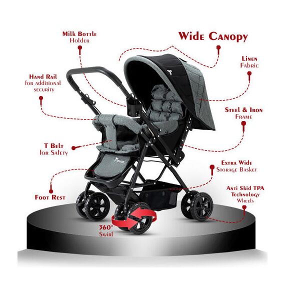 Teknum Reversible Look At Me Stroller Combo With Diaper Bag Hooks & Changing Pad 6–36 Months Up To 15Kg, Color: Grey, 11 image