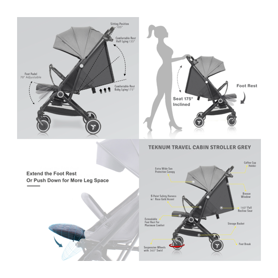 Teknum Travel Cabin Stroller With Ace Diaper Bag 0–4 Years Up To 22Kg, Color: Grey, 2 image