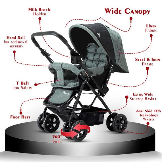 Teknum Reversible Trip Baby Stroller Travel System With Infant Car Seat Multi Recline 6-36 Months, Color: Dark Grey, 4 image
