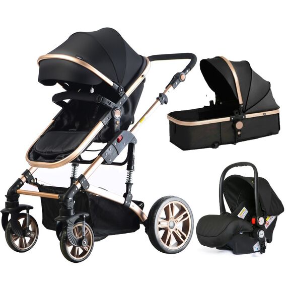 Teknum 3In1 Baby Stroller Travel System Sleeping Bassinet Extra Wide Seat 360° Rotating Wheels Fully Reclinable Car Seat Compatible Coffee Holder Spill Proof Mat 0-3 Years, Color: Black & Gold