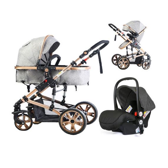 Teknum 3In1 Baby Stroller Travel System Sleeping Bassinet Extra Wide Seat 360° Rotating Wheels Fully Reclinable Car Seat Compatible Coffee Holder Spill Proof Mat 0-3 Years, Color: Grey