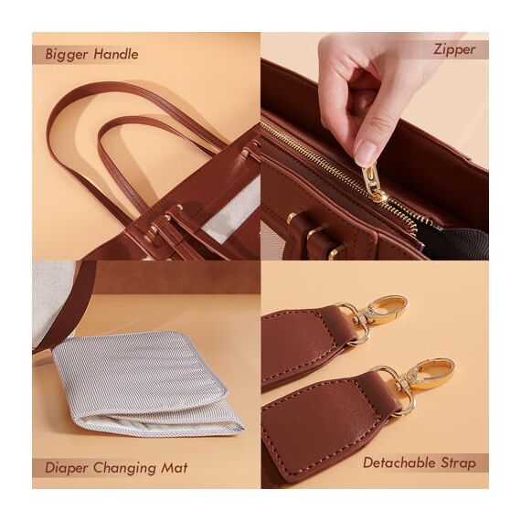 Sunveno La Mode Premium Diaper Bag 48Cm Large Capacity With 8 Pockets, Color: Brown, 7 image