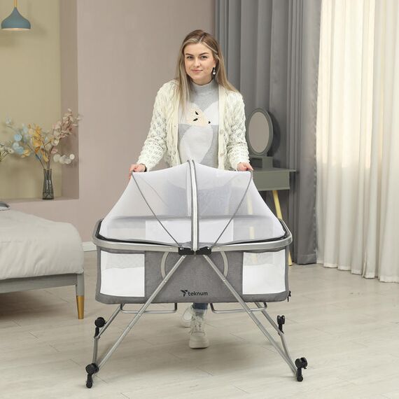 Teknum 3In1 Baby Cot Cradle With Mosquito Net Wheels 0-12 Months 15Kg, Color: Dark Grey, 4 image