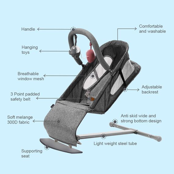 Teknum Baby Bouncer Recliner Seat With Grab Toys 0-6 Months 9Kg, Color: Grey, 3 image