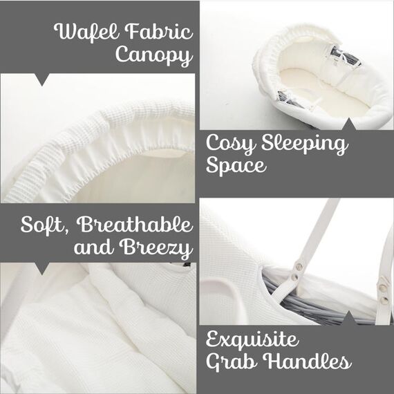 Teknum Infant Wicker Moses Basket With White Waffle Beddings 0–6 Months Up To 18Kg, Color: Grey, 2 image