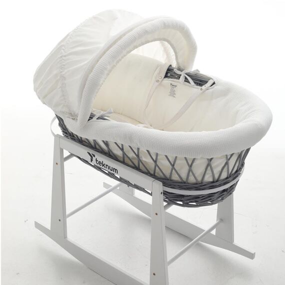 Teknum Infant Wicker Moses Basket With White Waffle Beddings 0–6 Months Up To 18Kg, Color: Grey, 5 image