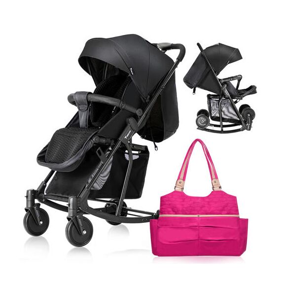 Teknum 2In1 Glide Stroller With Green Diaper Tote Bag Black 0–36 Months Up To 22Kg, Color: Black & Fuchsia