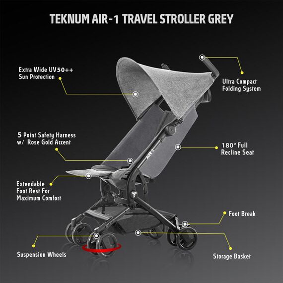 Teknum Air-1 Travel Stroller With Carry Backpack 0-36 Months 22Kg, Color: Grey, 3 image