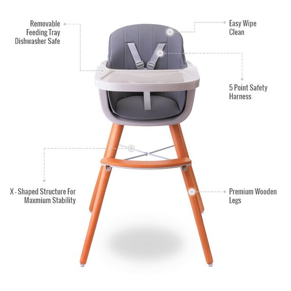 Teknum Premium Dual Height Wooden High Chair 6–36 Months Up To 15Kg, Color: Grey, 2 image
