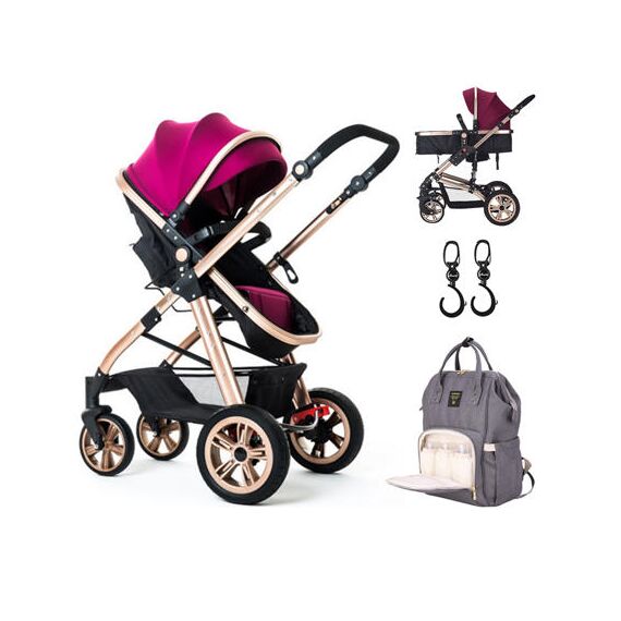 Teknum 3 In 1 Stroller Black With Sunveno Diaper Bag And Hooks 0–3 Years Up To 18Kg, Color: Wine, 2 image