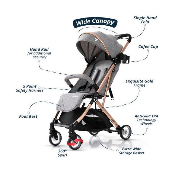 Teknum Explorer Travel Stroller Lightweight Cabin Friendly 6–36 Months Up To 15Kg, Color: Melange Grey, 4 image