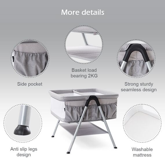 Teknum Fellow 2 Twin Bedside Crib Bassinet 0–6 Months Up To 18Kg, Color: Grey, 2 image