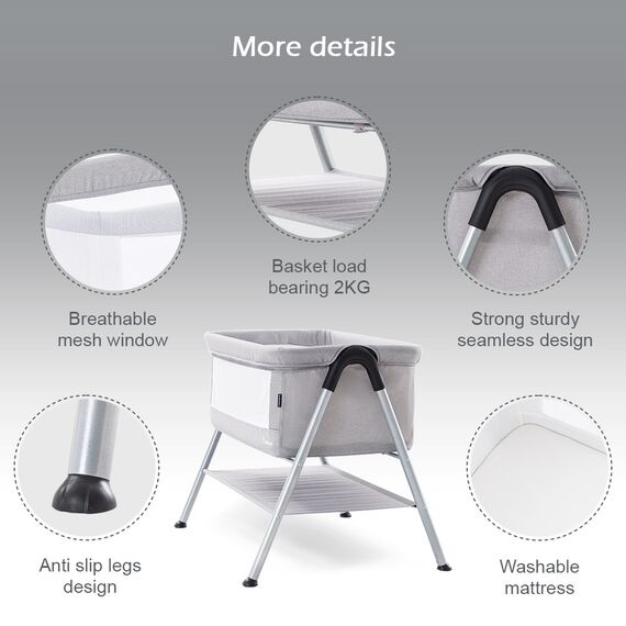 Teknum Sleepzen 2 Bedside Crib Bassinet 0–6 Months Up To 9Kg, Color: Grey, 3 image