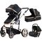 Teknum 3In1 Baby Stroller Travel System Sleeping Bassinet Extra Wide Seat 360° Rotating Wheels Fully Reclinable Car Seat Compatible Coffee Holder Spill Proof Mat 0-3 Years, Color: Black & Gold