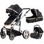 Teknum 3In1 Baby Stroller Travel System Sleeping Bassinet Extra Wide Seat 360° Rotating Wheels Fully Reclinable Car Seat Compatible Coffee Holder Spill Proof Mat 0-3 Years, Color: Black & Gold
